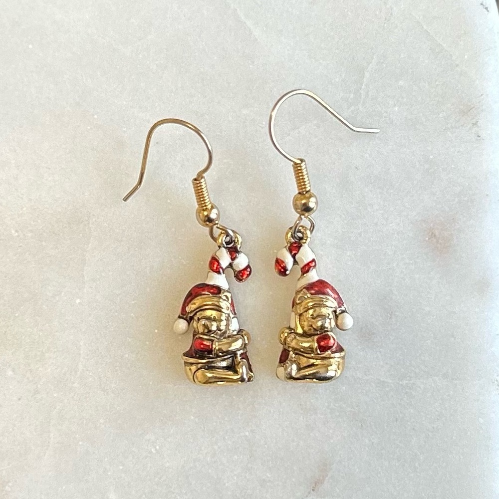 Disney Winnie The Pooh Gold Tone Vintage Christmas Dangle Drop Earrings!